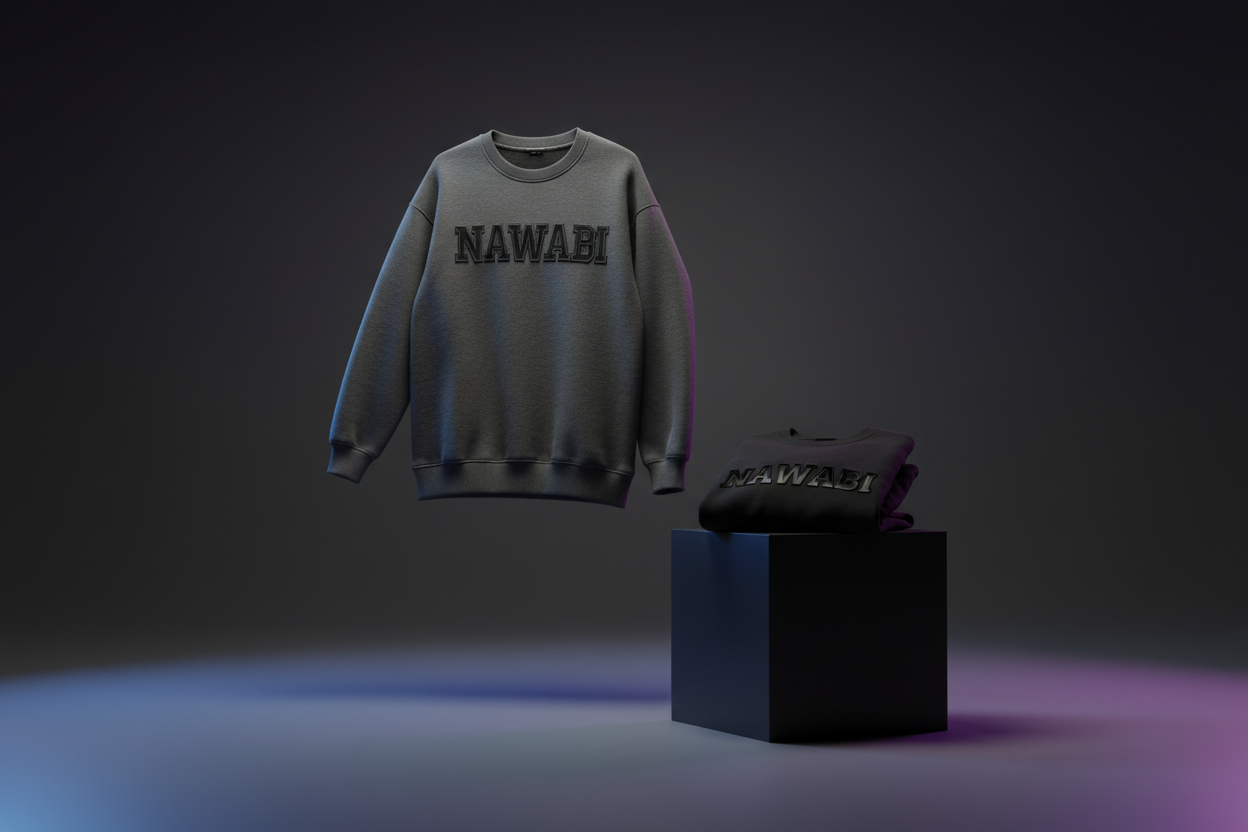 Create a bold, modern streetwear product image featuring one or two NAWABI sweatshirts showcased in a dramatic studio environment. Use cinematic gradient lighting in charcoal black, deep grey, and subtle neon tones (blue or purple) to enhance the premium urban feel.
Display the sweatshirts either floating or neatly positioned on a minimal platform, with ultra-detailed fabric texture. The NAWABI branding should appear in a clean, bold style—either embroidered or printed—clearly visible but still minimal and 