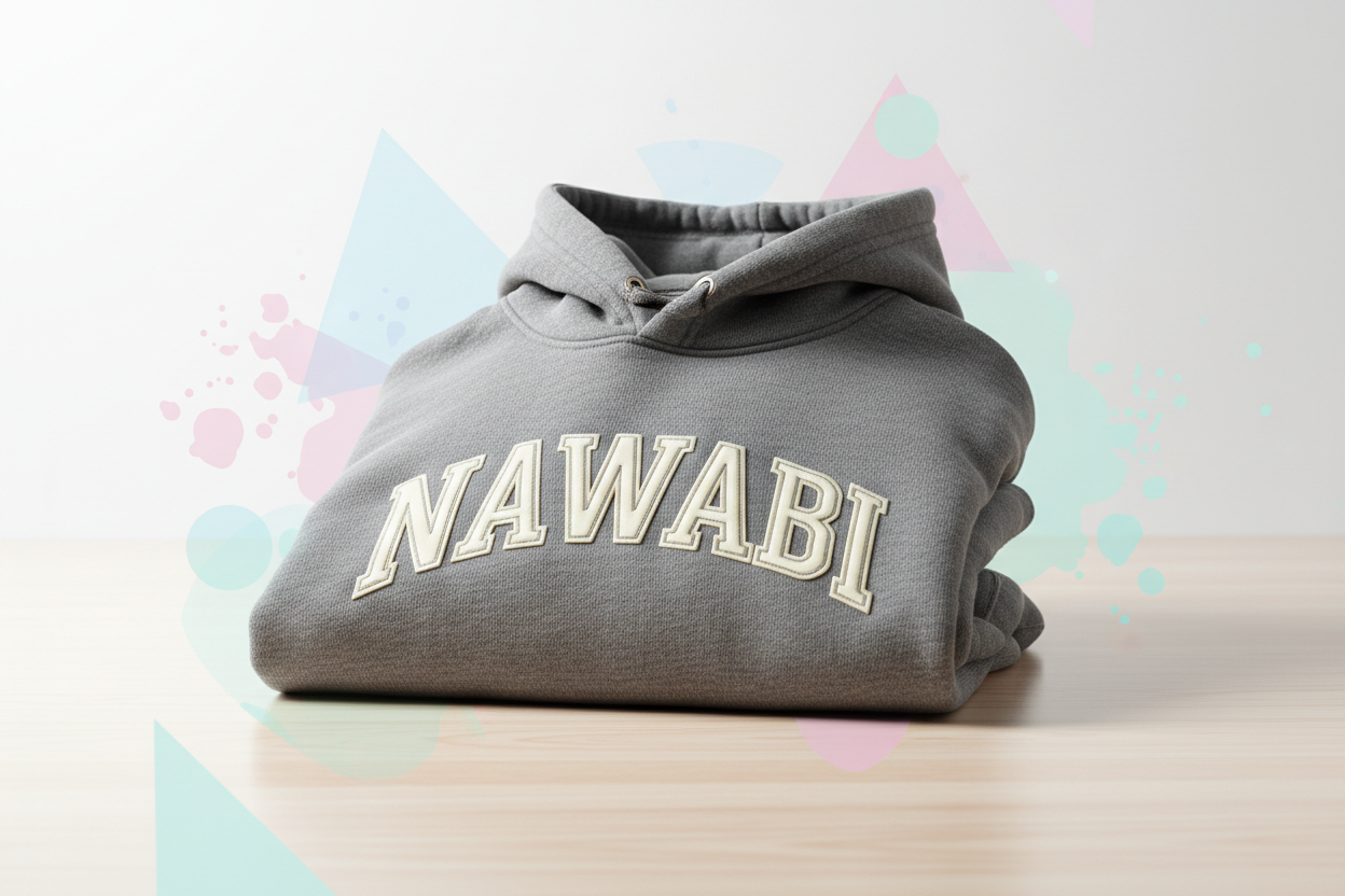 Create a bright, modern fashion banner featuring a single streetwear item such as a hoodie branded NAWABI, T-shirt, or sneaker placed in a clean, minimal environment. Use soft white lighting with subtle pastel accents (light blue, soft pink, mint green) to create a fresh, airy aesthetic.
Place the item on a smooth surface like glossy white acrylic or light wood, with gentle shadows and a high-detail texture focus.
Add abstract shapes or soft color splashes in the background to give a creative, contemporary 